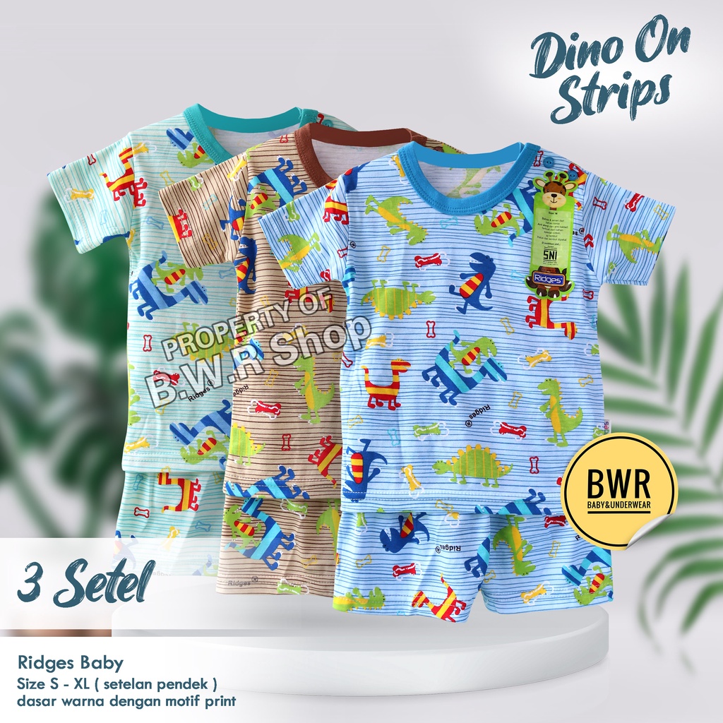 [ 3 Setel ] Setelan RIDGES PENDEK Dino On Strips / Setelan Piyama Baju Main Tidur Anak Unisex Motif Lucu Grosir 10rs | Bwr