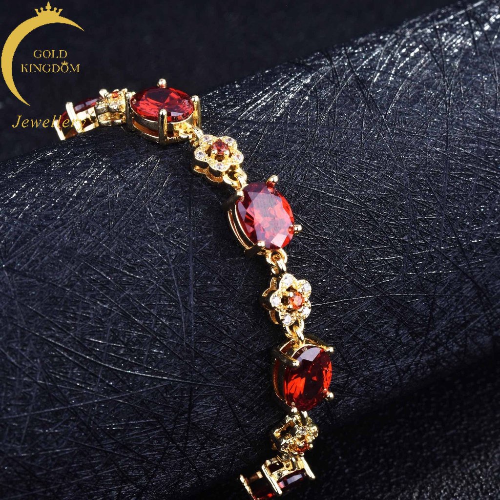 Goldkingdom Perhiasan Fashion 24K Bangkok Aksesoris Ready Stock Meledak Tergabung Garnet Alami Gelang Berlapis Dengan Bunga Emas Asli Kadar 375 18karat Micro Hias Zirkon Untuk Wanita