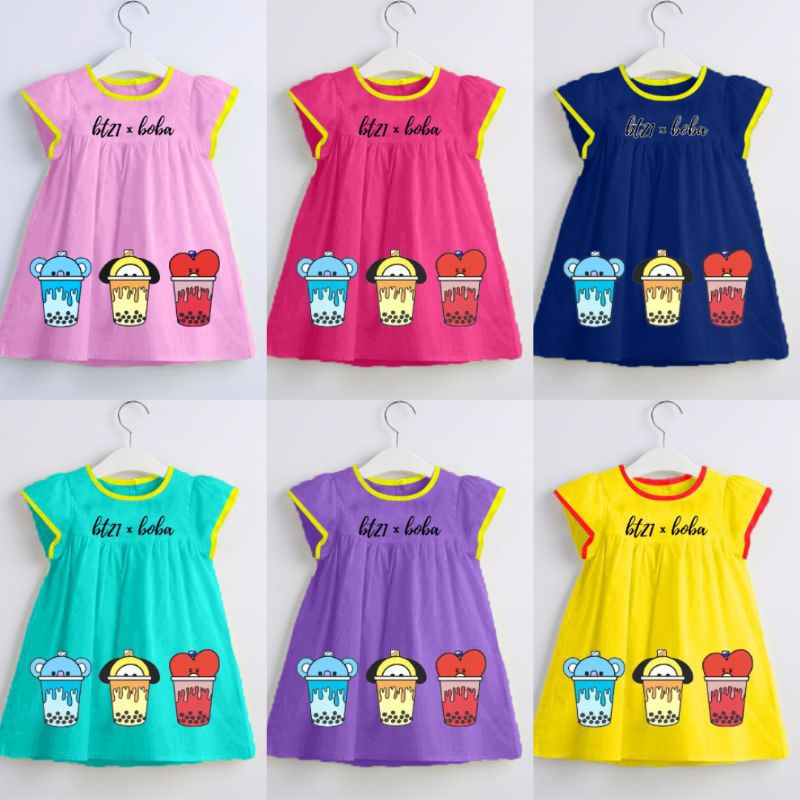 DRESS ANAK PEREMPUAN BT21 X BOBA/BAJU ANAK PEREMPUAN LUCU