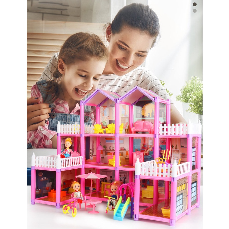 259 pcs Set Mainan Rumah Rumahan 4 Lantai Boneka Barbie + Lampu LED Mini Villa Dream Home Ukuran Besar Doll House Barbie Aksesoris Kursi Meja Sepeda Mainan Edukasi Kloset Bak Mandi Lampu Rumah Istana Boneka