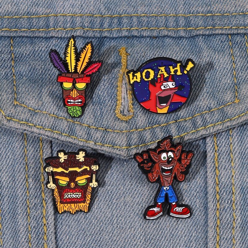 Bros Pin Enamel Desain Video Game Bandicoot Woah Aku Honest Adventure Gaya Retro