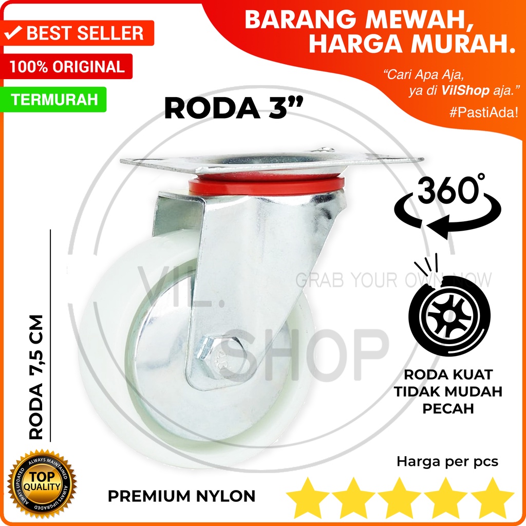 RODA ETALASE CASTER WHEEL 3 INCH 7,5 CM PREMIUM NYLON RODA STEALING STELING ETALASE KACA UNTUK DAGAN