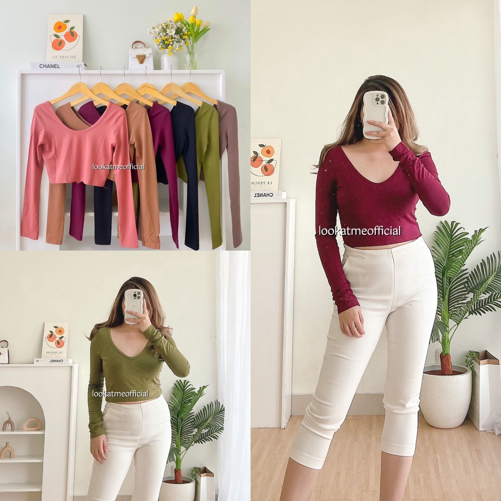 Mirabella Top - Atasan Basic Polos Lengan Panjang V neck 6473