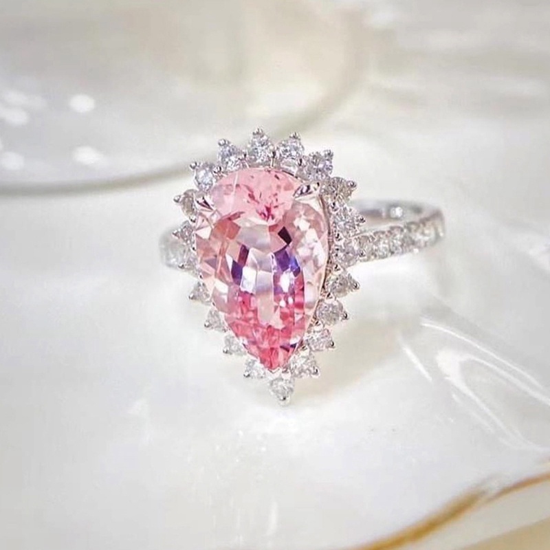 Fancyqube Cincin Berlian Imitasi Bentuk Tetesan Air Warna Pink Untuk Pertunangan