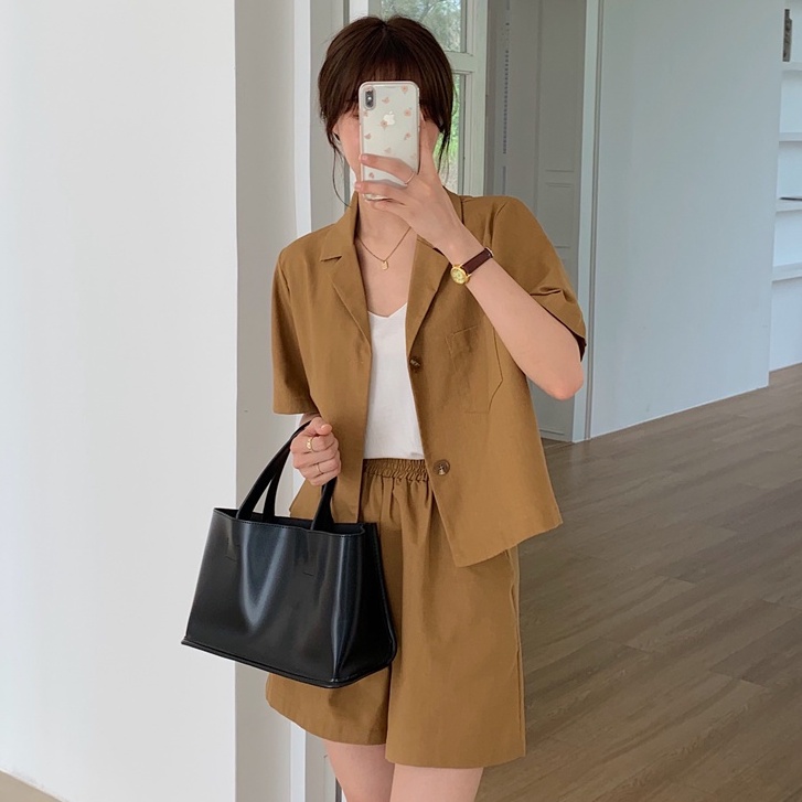 korean style V-neck blazer jaket wanita terbaru korean+ loose dan celana lebar kaki kasual  high waist Celana panjang wanita import Korean style/One Set Wanita