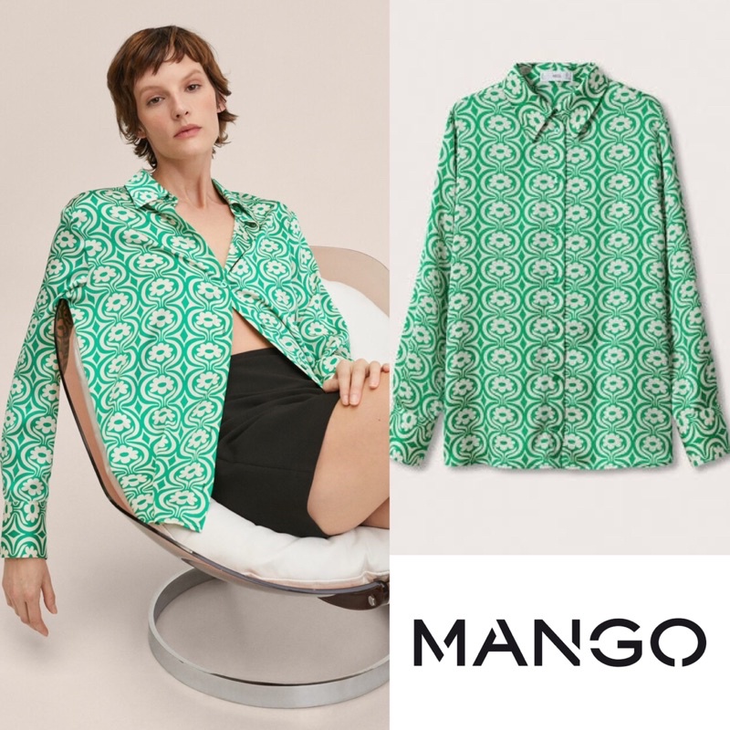 mango mng satin green printed shirt kemeja