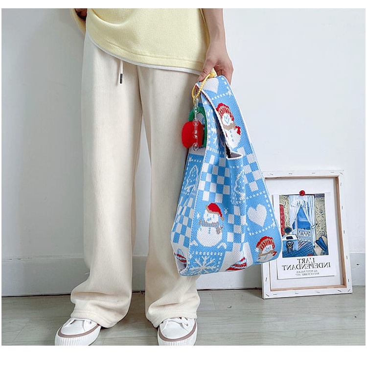 ❀ Chingu ❀ TW003 Tas Bene Korean Knitted Checkered Tote Bag Tas Rajut Christmas Natal Totebag Buffollow Vacay Viral Bangkok Import