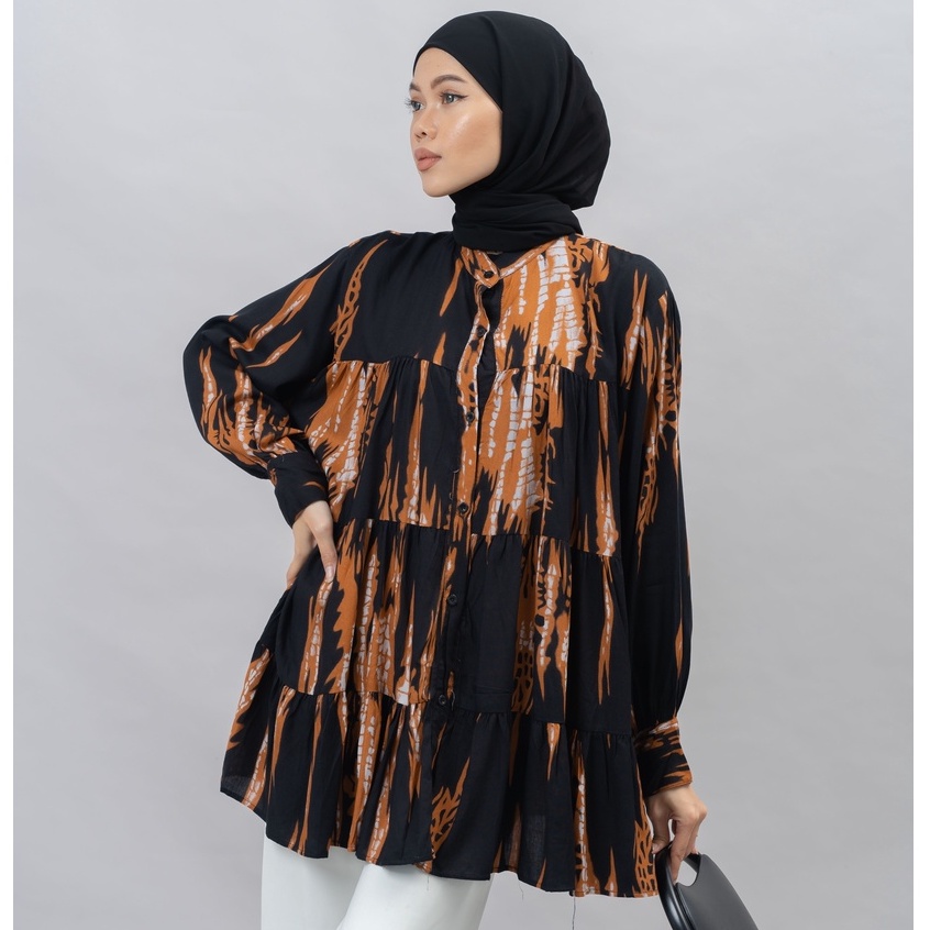 BLOUSE MONICA RUFFLE RAYON MOTIF PATTERN LONG SHIRT PREMIUM KEMEJA SHIRT B500 CO