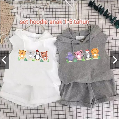 SET ANAK ANIMAL PARTY HOODIE / Setelan Hoodie Anak Perempuan / Laki - Laki Usia 1-5 thn