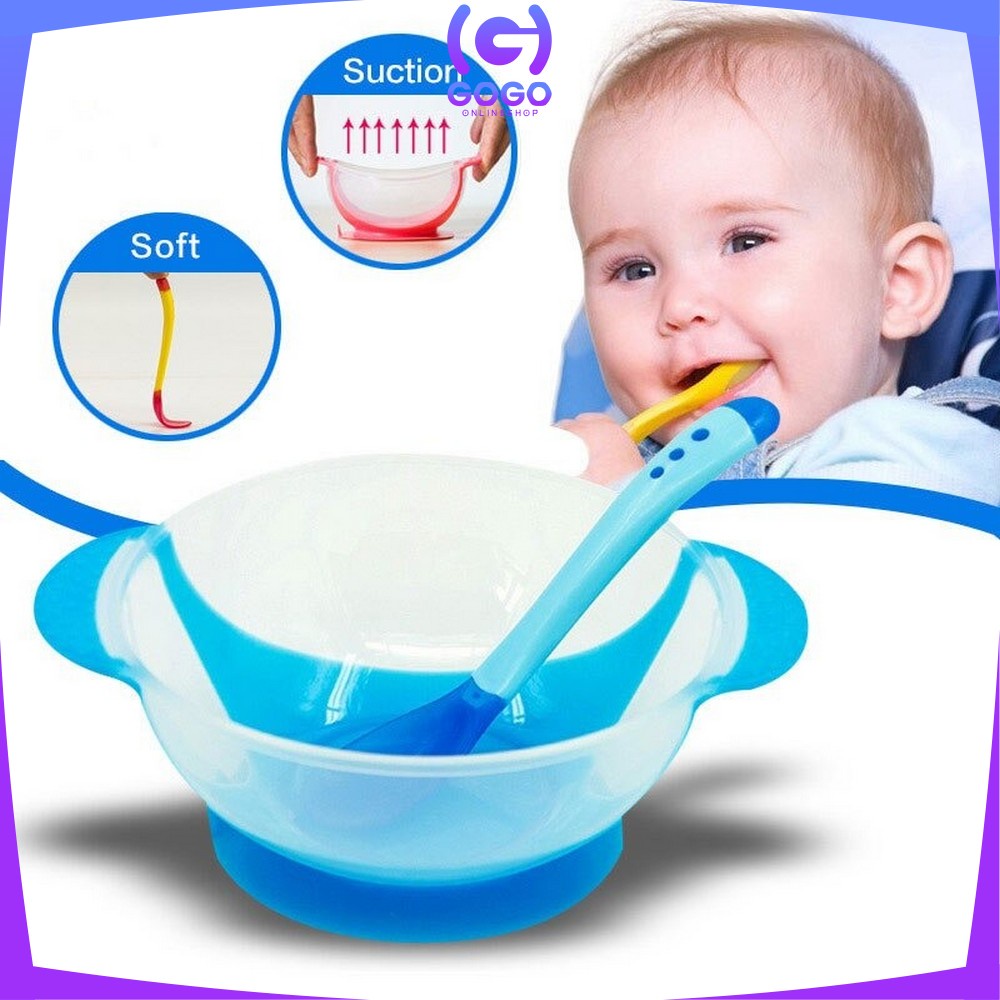 GOGO-C123 Mangkok + Sendok Makan Bayi Sensor Panas Mangkuk Tempat Makan Bayi Anti Tumpah Suction Bowl