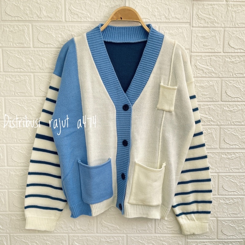 REGINA CARDIGAN RAJUT SAKU OVERSIZE MOTIF GARIS STRIPES TANGAN WANITA