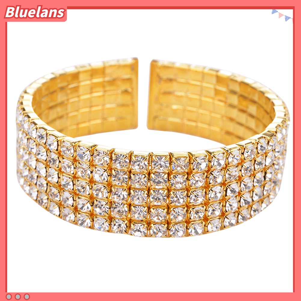 Bluelans Women 5 Rows Clear Rhinestone Wide Bracelet Cuff Open Bangle Bridal Jewelry