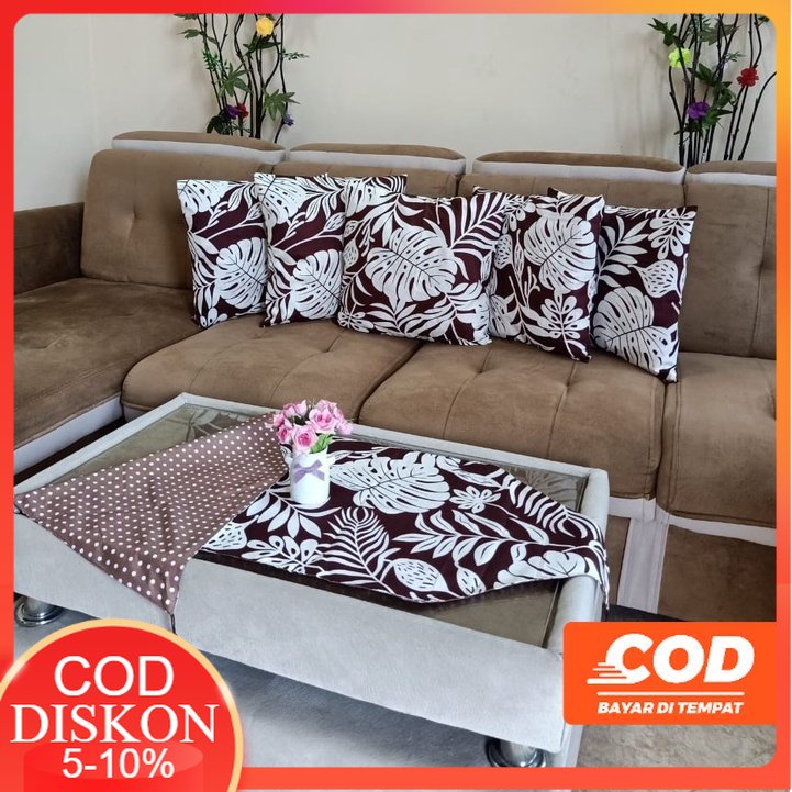 COD PAKET SARUNG BANTAL KURSI SOFA SET 5 PCS 40x40 DAN TAPLAK MEJA TAMU PREMIUM MEWAH ANEKA MOTIF PE