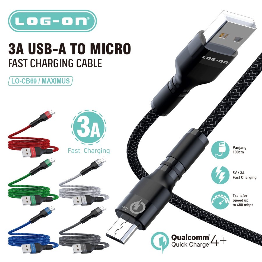 KABEL CHARGER LOG ON MICRO USB TYPE-C LIGHTNING 3A MAXIMUS QUALCOMM 4+ BRAIDED NYLON LO-CB69