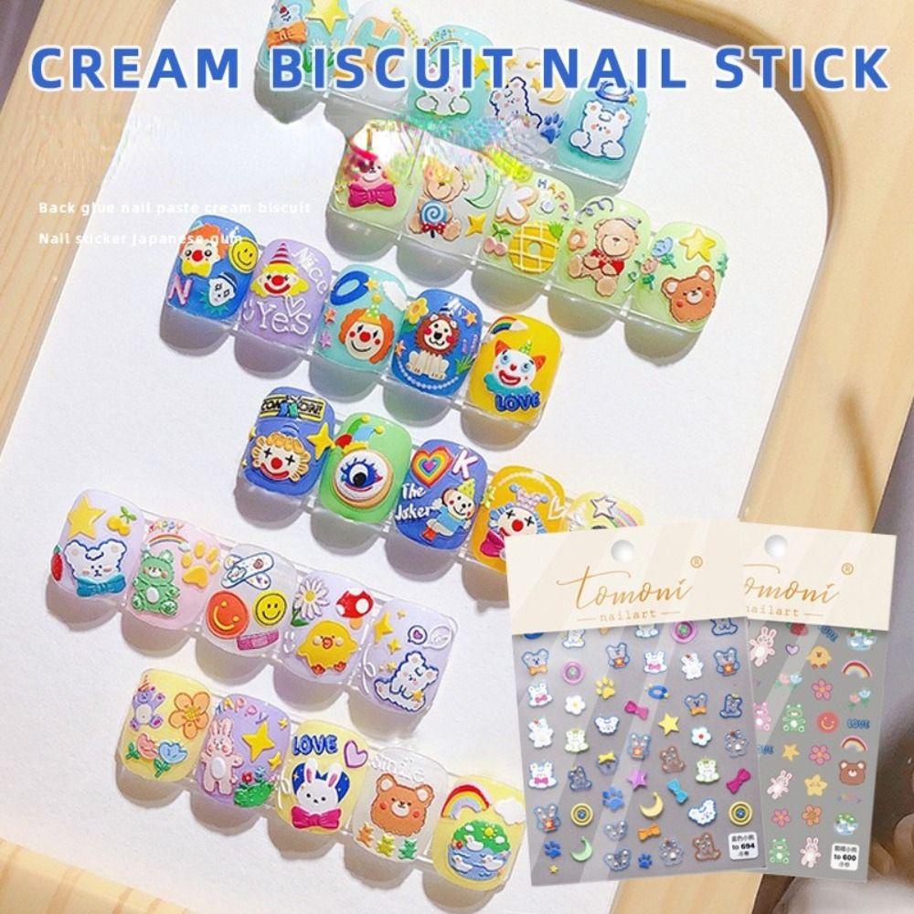 Needway Beruang Kelinci Stiker Kuku Gadis 5D Nail Art Decals Lem Belakang Kartun Relief Manicure Charms