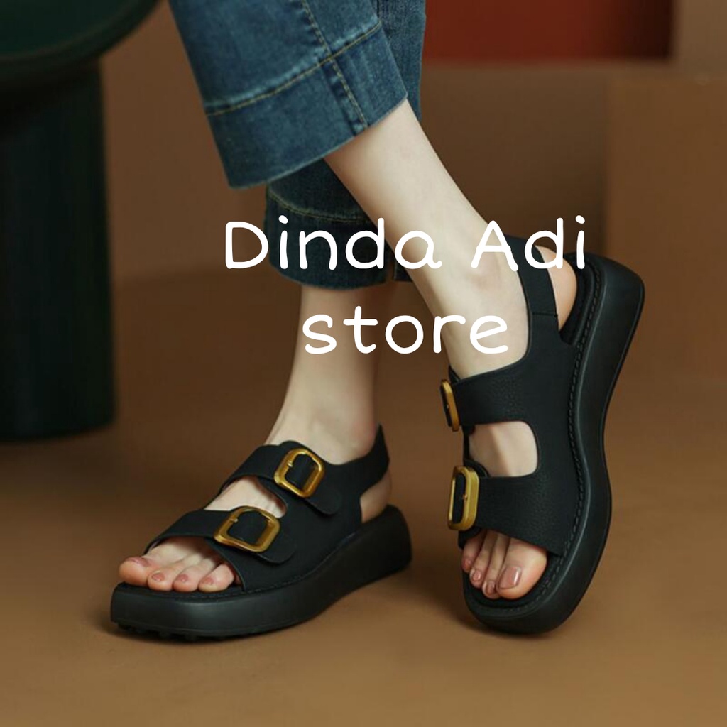 dinda sandal wanita terbaru 2022 platform Kushina best seller warna hitam dan putih ukuran 37-40
