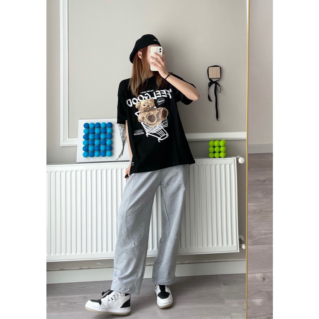 EUNII T-shirt Lengan Pendek Imut Kereta Belanja Beruang Pencetakan Longgar Korean Style/Kaos Atasan Wanita/Baju Kaus Oversize Wanita