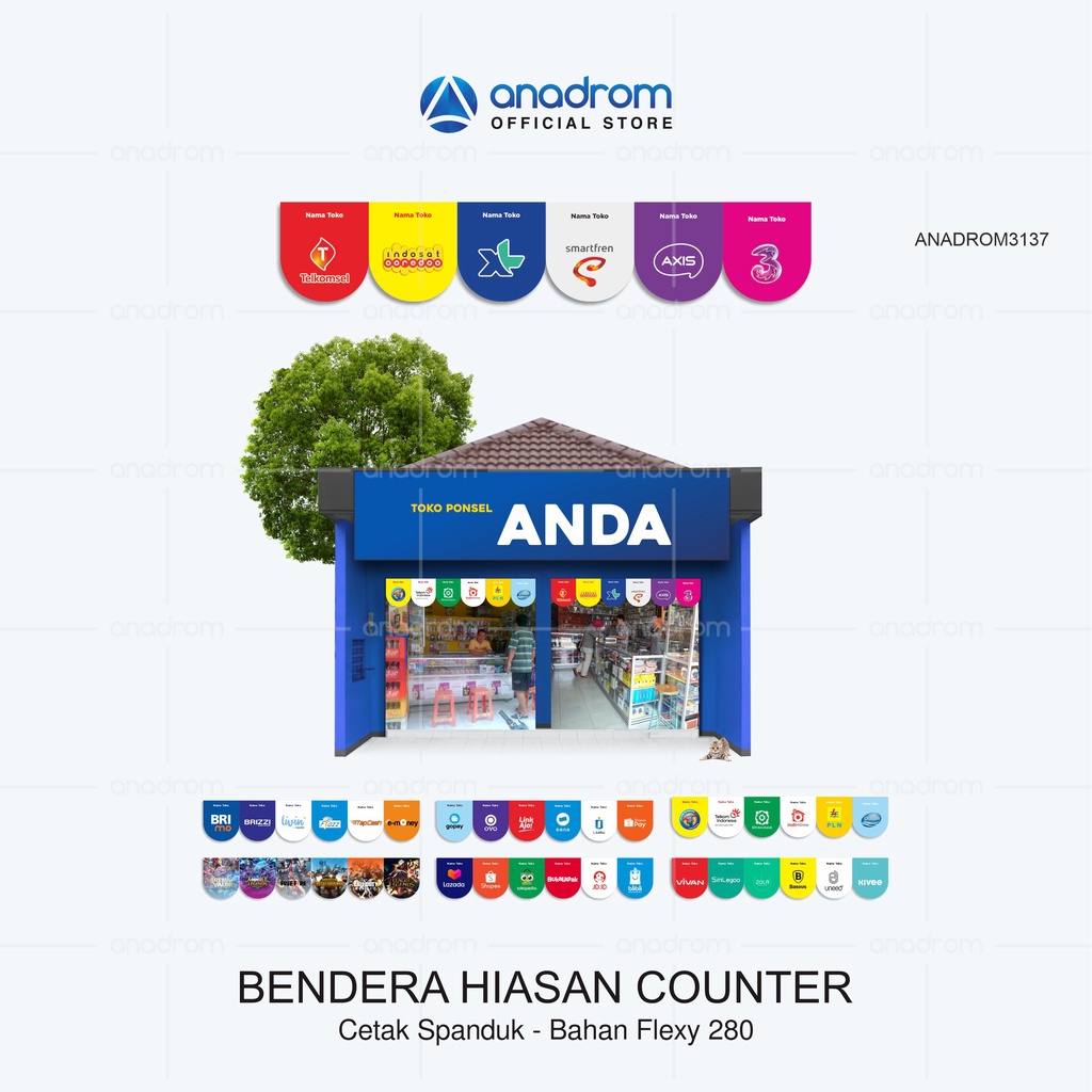 Spanduk Bendera Hiasan Konter Oval | Renda Hiasan Operator Seluler - Tagihan - Bank - Handphone - Ac