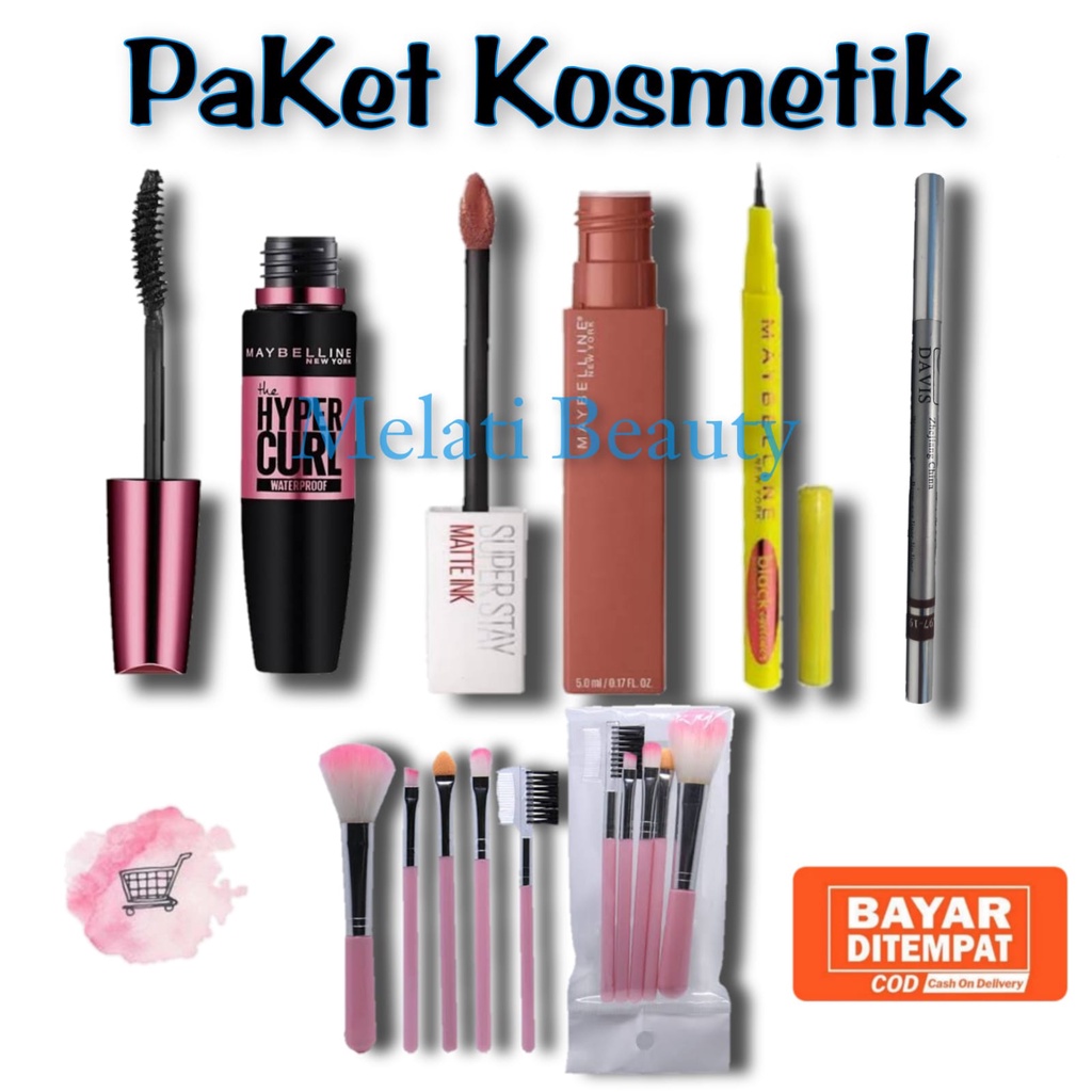Paket Kosmetik 5 In 1 / 1 Set Kuas Makeup / Lipcream Matte Ink / Maskara / Eyeliner Spidol / Pensil Alis Davis Coklat