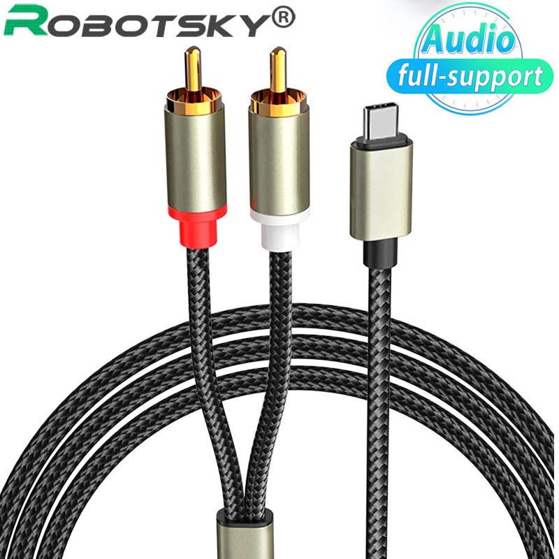 Robotsky Type-C to 2 RCA Male Adapter Cable 100cm - Audio Speaker Mixer Amplifier Full Support Andro