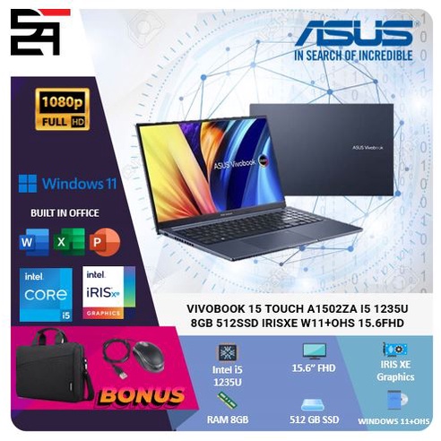 Asus Vivobook 15 Touch A1502ZA i5 1235U 16GB 512GB SSD Iris Xe W11+OHS 15.6 Inchi FHD IPS