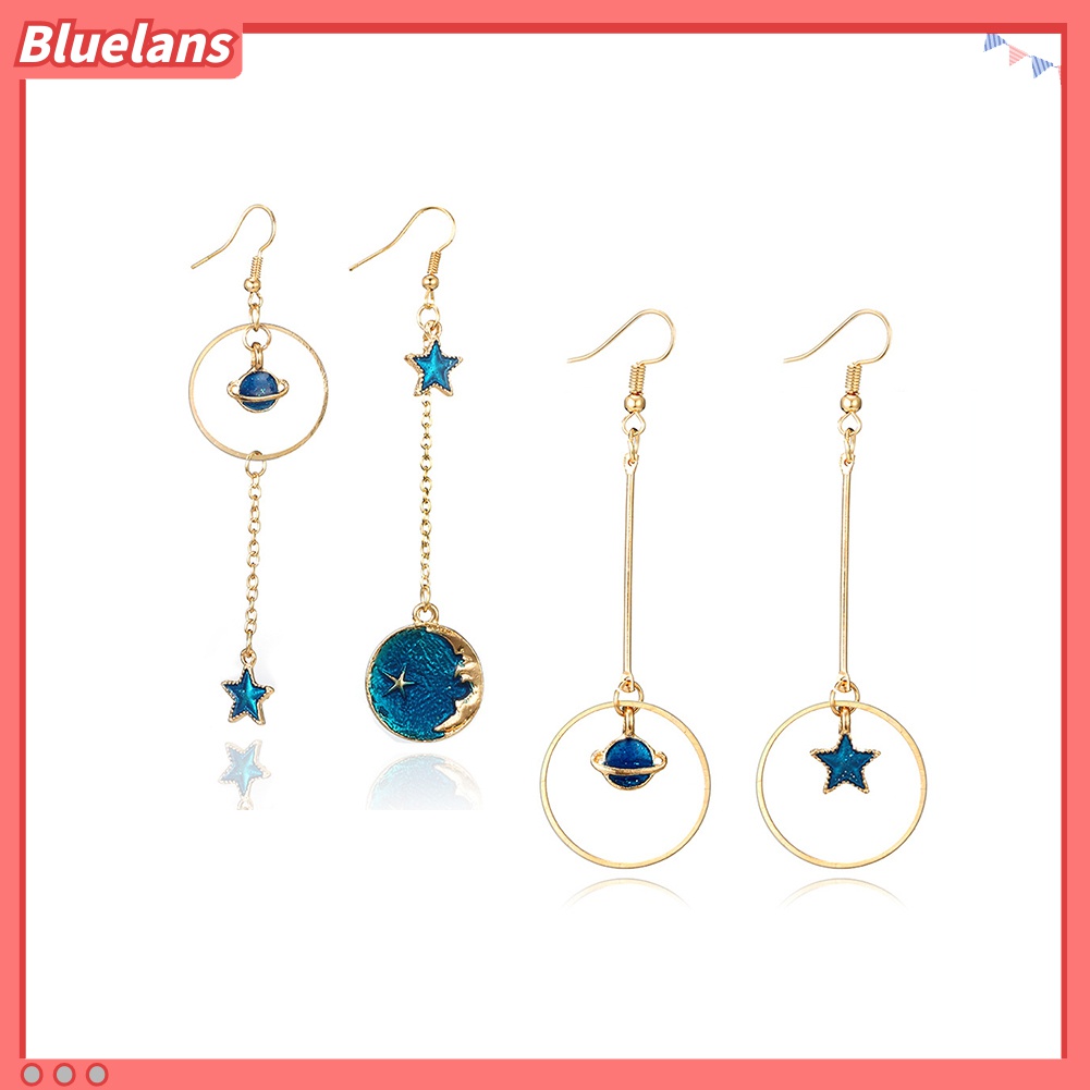 Anting Kait Juntai Desain Bulan Bintang Warna Biru Untuk Wanita