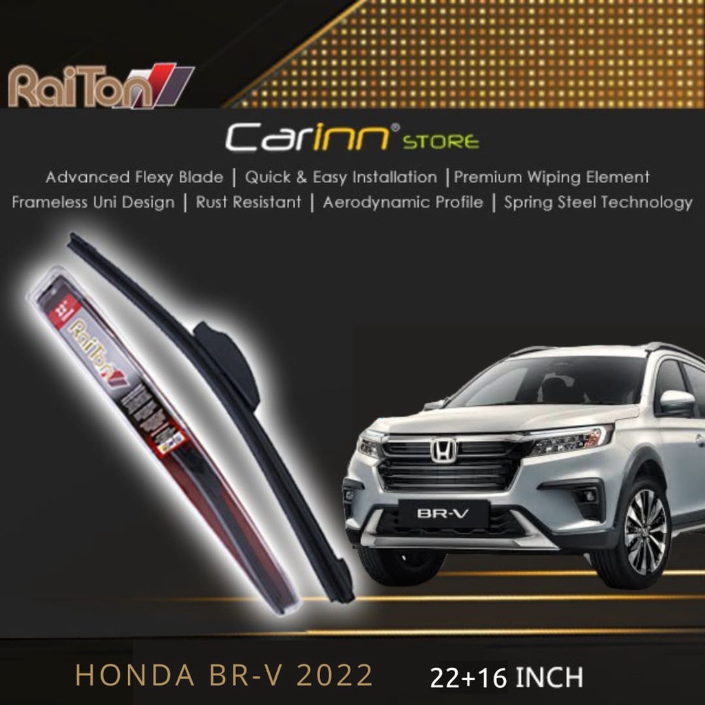 Raiton Sepasang Wiper Frameless Full Karet Kaca Depan Honda Br-v Brv 2022-ON 22" & 16" -2 Pcs