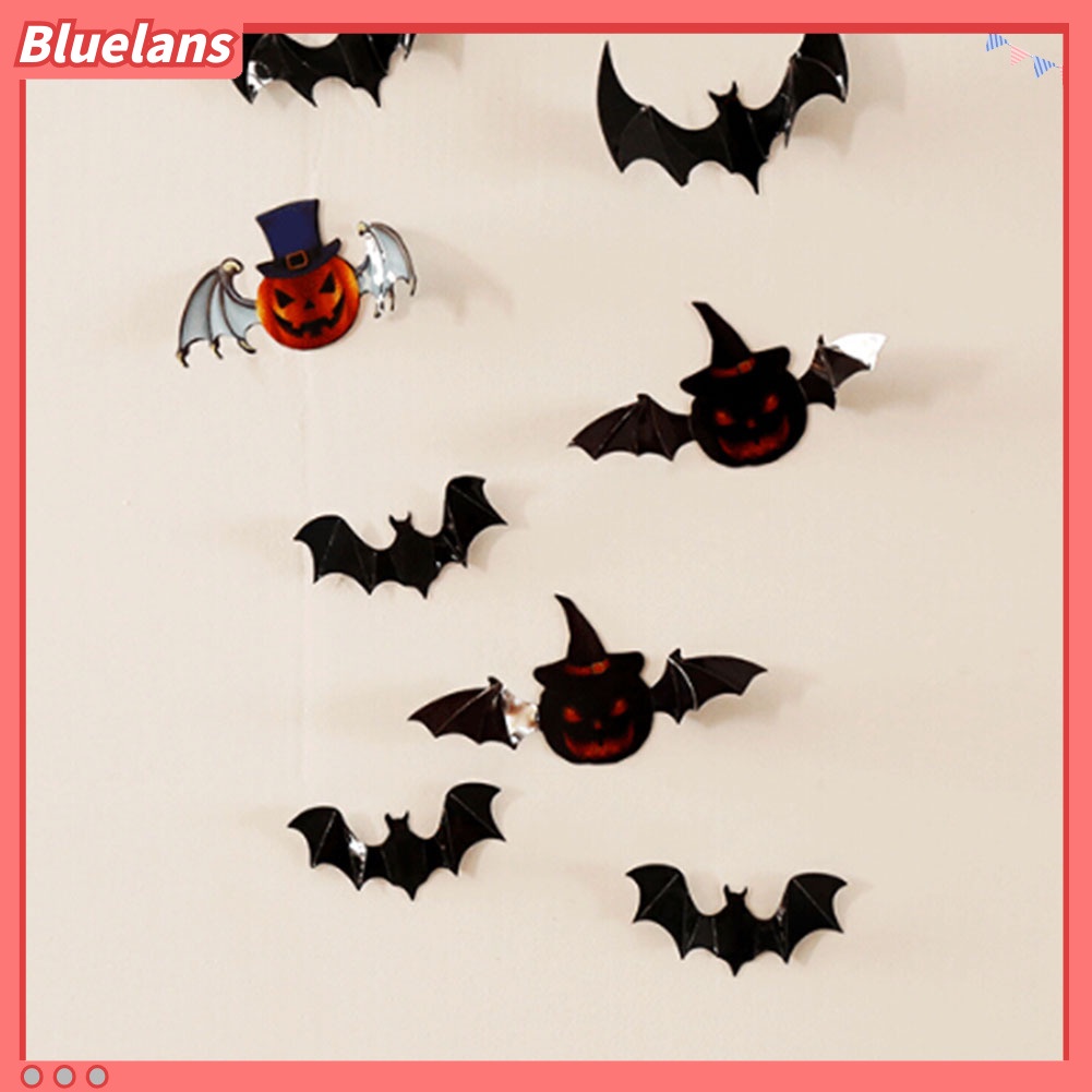 12pcs Stiker Dinding Decal Desain Pumpkin Bat 3D Dapat Dicopot Untuk Dekorasi Pesta Halloween