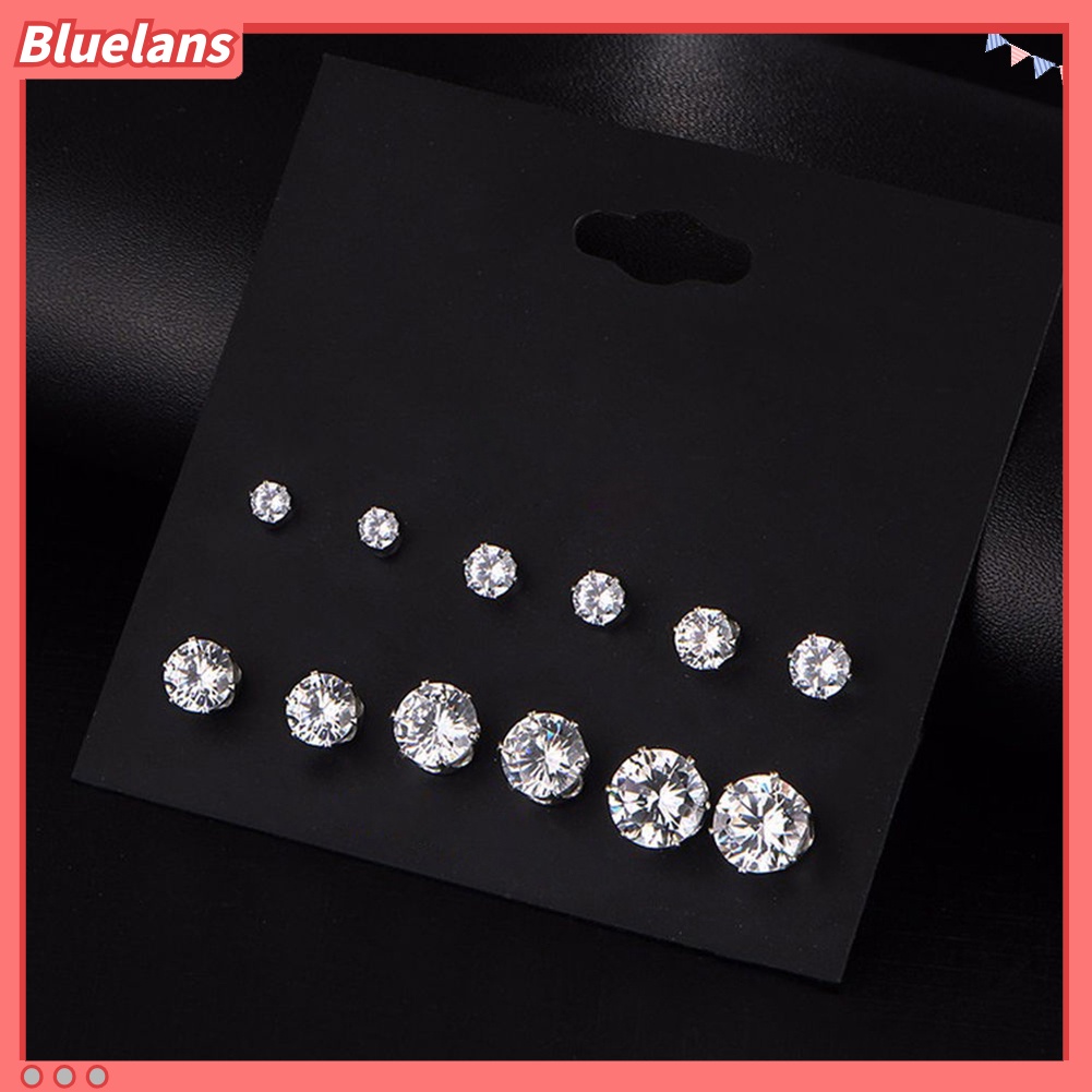 Bluelans 6Pairs Women Jewelry Round Cubic Zirconia CZ Crown Ear Stud Earrings Xmas Gift