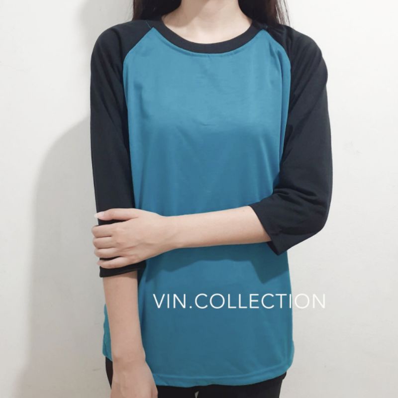 kaos polos raglan 3/4 pria wanita - biru turkish kombinasi hitam