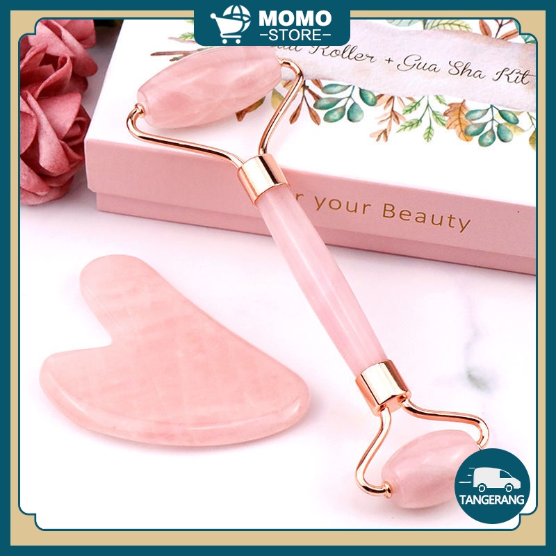 丨2in1丨Jade Roller dan Guasha Facial Massage Roller / Batu Giok Alami Gua Sha Alat Pijat Muka Wajah