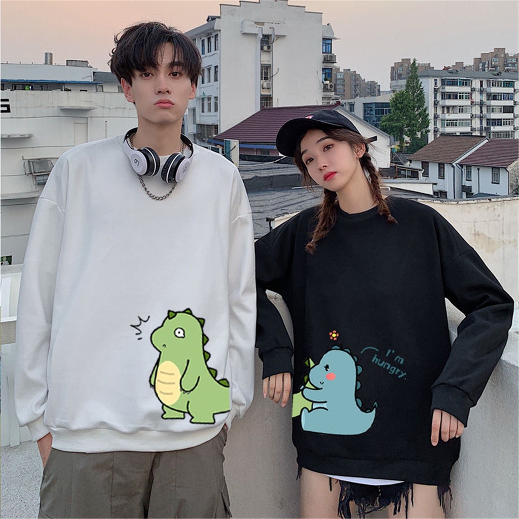 Promo Cod Sweater Pria Wanita Cetak Dinosaurus Kartun Lucu Kaus Musim Gugur Atasan Amina Jepang Punk Antik Longgar Berkerudung Kawaii Kerah O Hoodie Perempuan