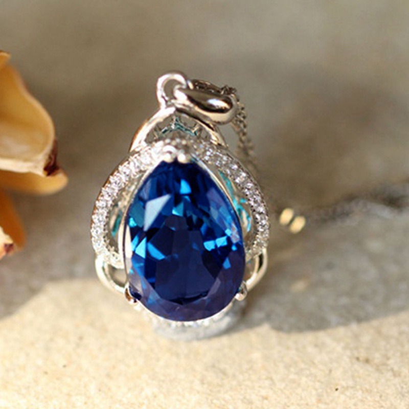 Kalung Liontin Water Drop Cubic Zirconia Biru Untuk Wanita
