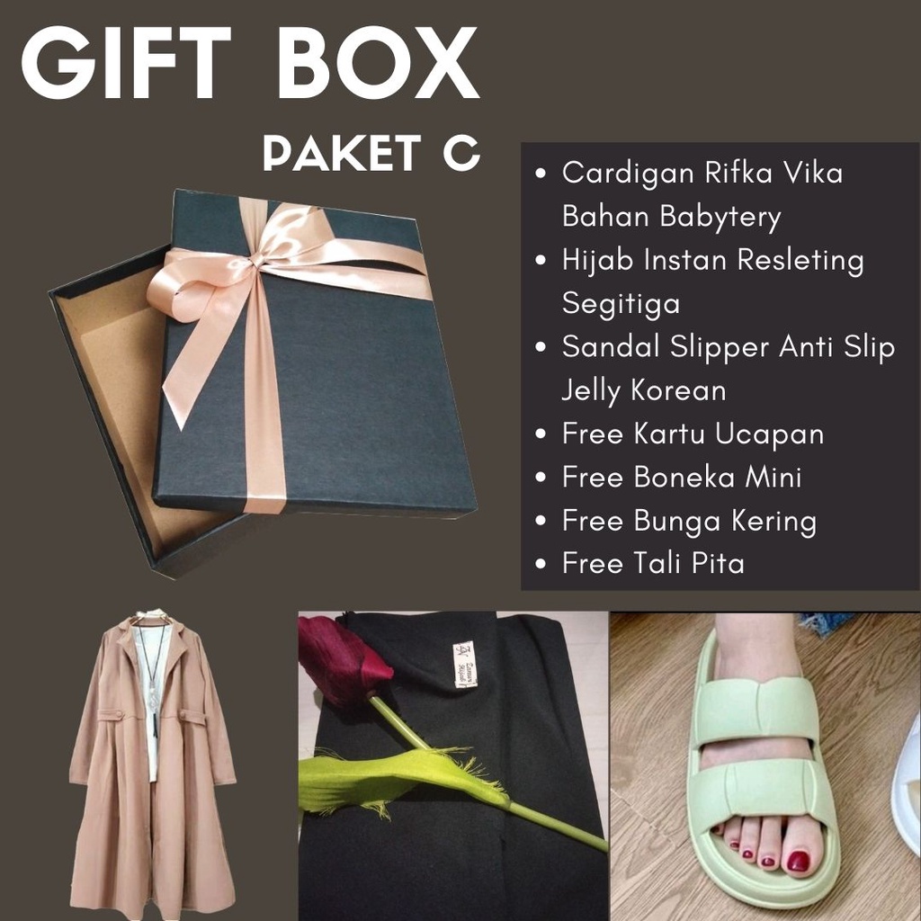 

HAMPERS HADIAH KADO/GIFT BOX CEWEK ULANG TAHUN, WISUDA, PERNIKAHAN, LEBARAN PAKET C CARDIGAN RIFKA VIKA BAHAN BABYTERY, HIJAB INSTAN RESLETING SEGITIGA, SANDAL SLIPPER ANTI SLIP JELLY KOREAN