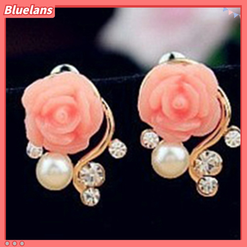 [Bayar Di Tempat]Satu Pasang Anting Mawar Style Korea Dengan Mutiara Dan Berlian Buatan