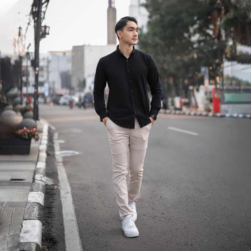 Kemeja Pique Polos Lengan Panjang Pria Casual Paling Trend 2022 Hem Mode LongShirt Bahan Catton Pique 24s