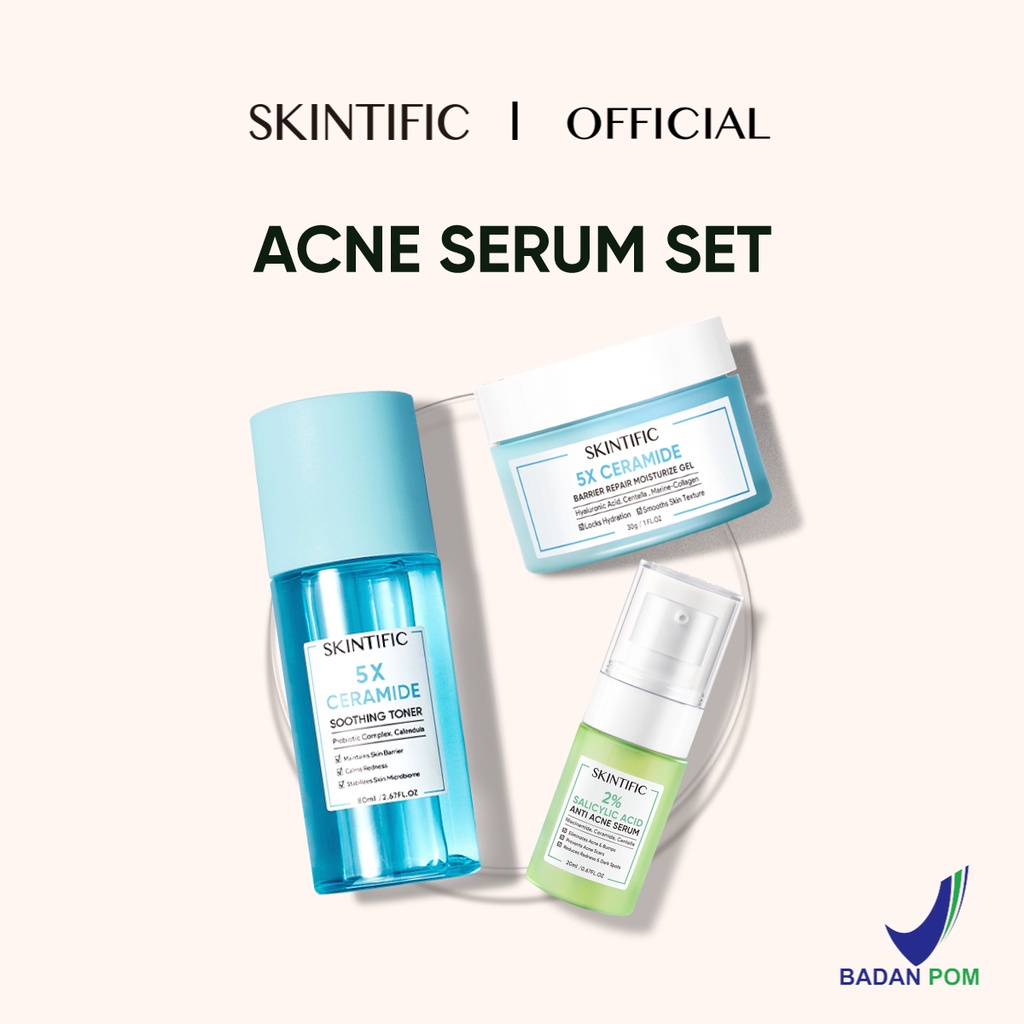 SKINTIFIC-5X Ceramide Barrier Repair Moisturize Gel Moisturizer 30G Pelembab Wajah &amp;  2% Salicylic Acid Anti Acne Serum &amp; 5X Ceramide Soothing Toner 80ml