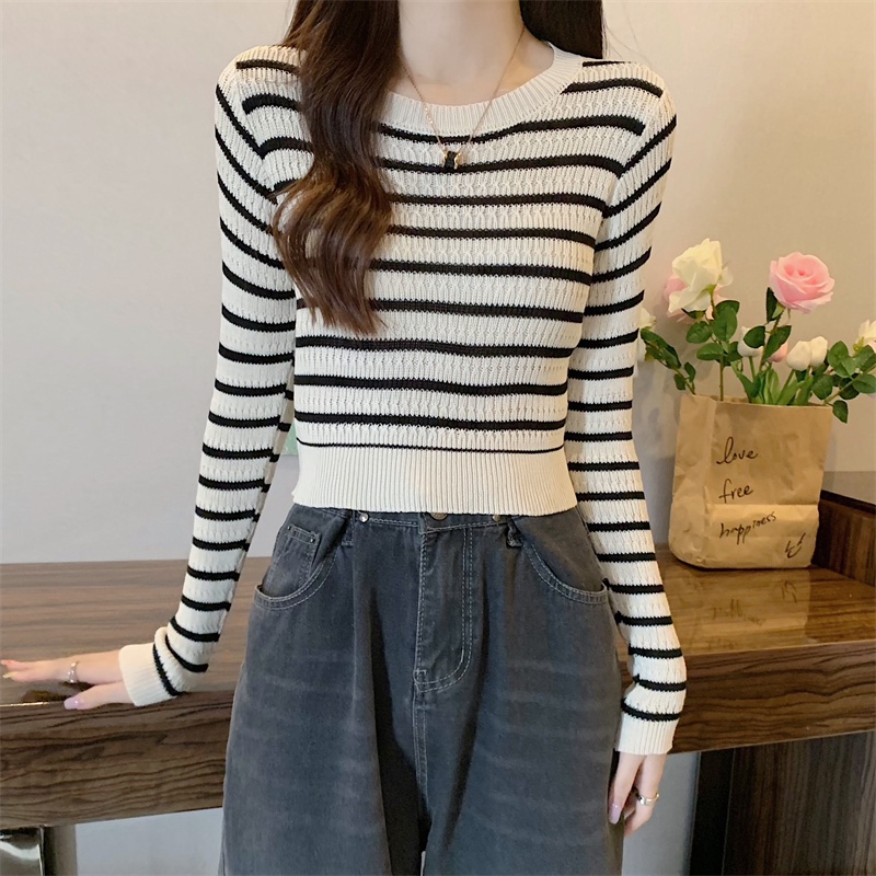 YIU YIU Rajut - Knitwear Stripe Top Korea Lengan Panjang Wanita