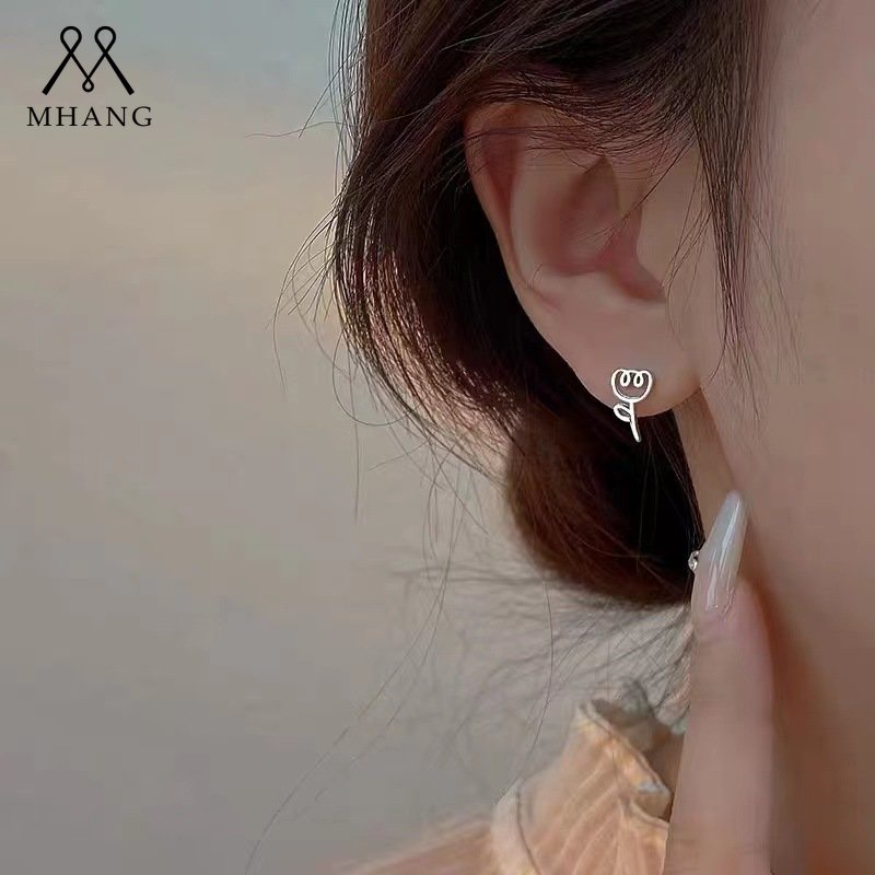 Mhang Anting Tusuk Gantung Bahan Sterling Silver 925 Desain Bunga Tulip Mini Hollow Gaya Vintage Untuk Wanita