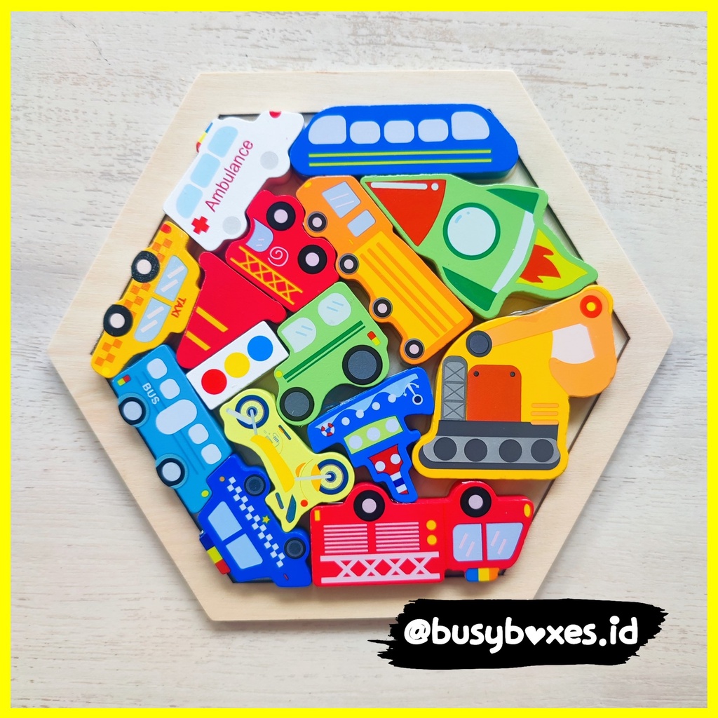 Busyboxes.id Mainan anak edukasi anak 1 2 3 tahun laki laki perempuan mainan edukasi Montessori puzzle jigsaw 3d  transportasi kendaraan hexagonal