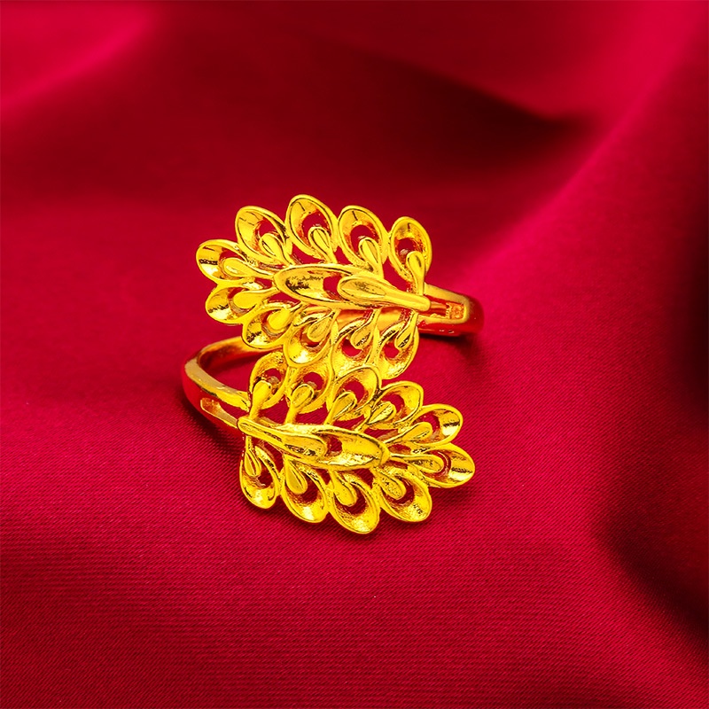 Goldkingdom Perhiasan Fashion Emas Asli Kadar 375 Bangkok Aksesoris Ready Stock Adjustable Dedaunan Wajah Lebar Cincin Untuk Wanita