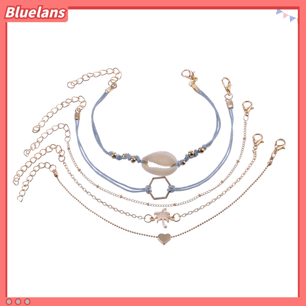 5pcs / Set Gelang Rantai Desain Daun Keong Hati Untuk Wanita