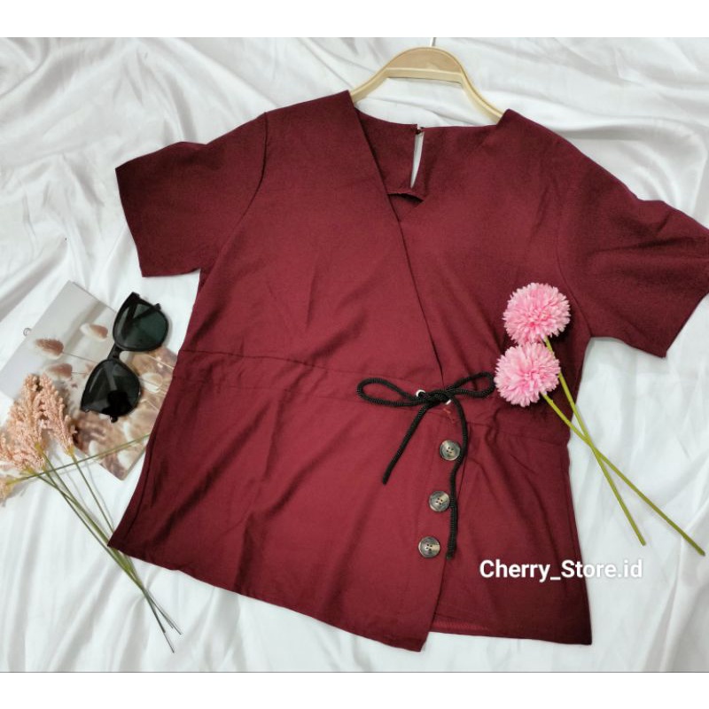 Cherry_ atasan blouse serut variasi kancing hidup bahan Polyester