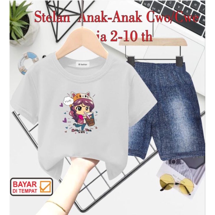 ((IB))SETELAN ANAK PEREMPUAN SEMI JEANS/CEWEK BOBA POP ICE DIGITAL SABLON