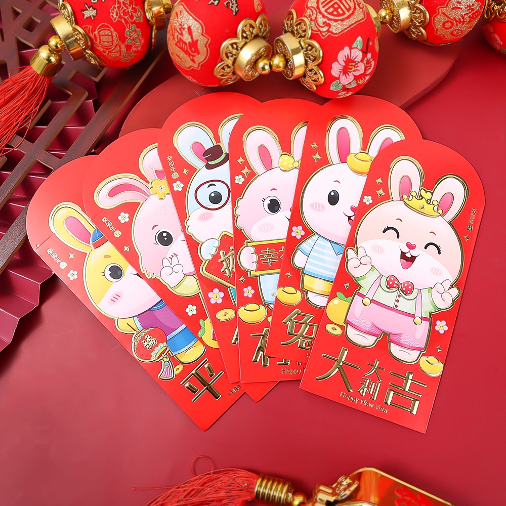 6pcs Amplop Angpao Tahun Baru Cina / Imlek 2023 Motif Kartun Kelinci Warna Merah Untuk Anak