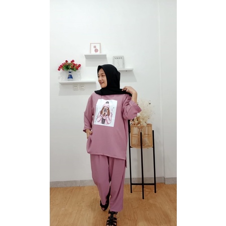 Meta oneset v neck - setelan celana panjang crinkle printing