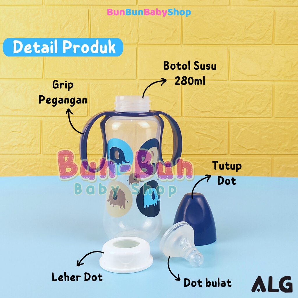 ALG Botol Susu Pegangan 280ml Wide Neck Bottle With Handle New Born Leher Lebar Perlengkapan Makan Bayi Baru Lahir Peralatan MPASI Baby Newborn Murah ANTI PECAH Bunbunbabyshop