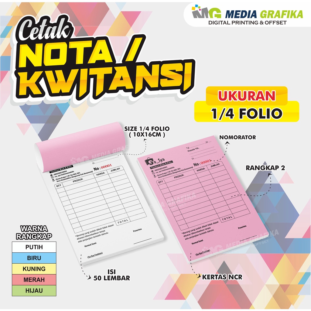 

NOTA 1 RIM, 2 RANGKAP, Porporasi, Nomorator, Ukuran 1/4 Folio
