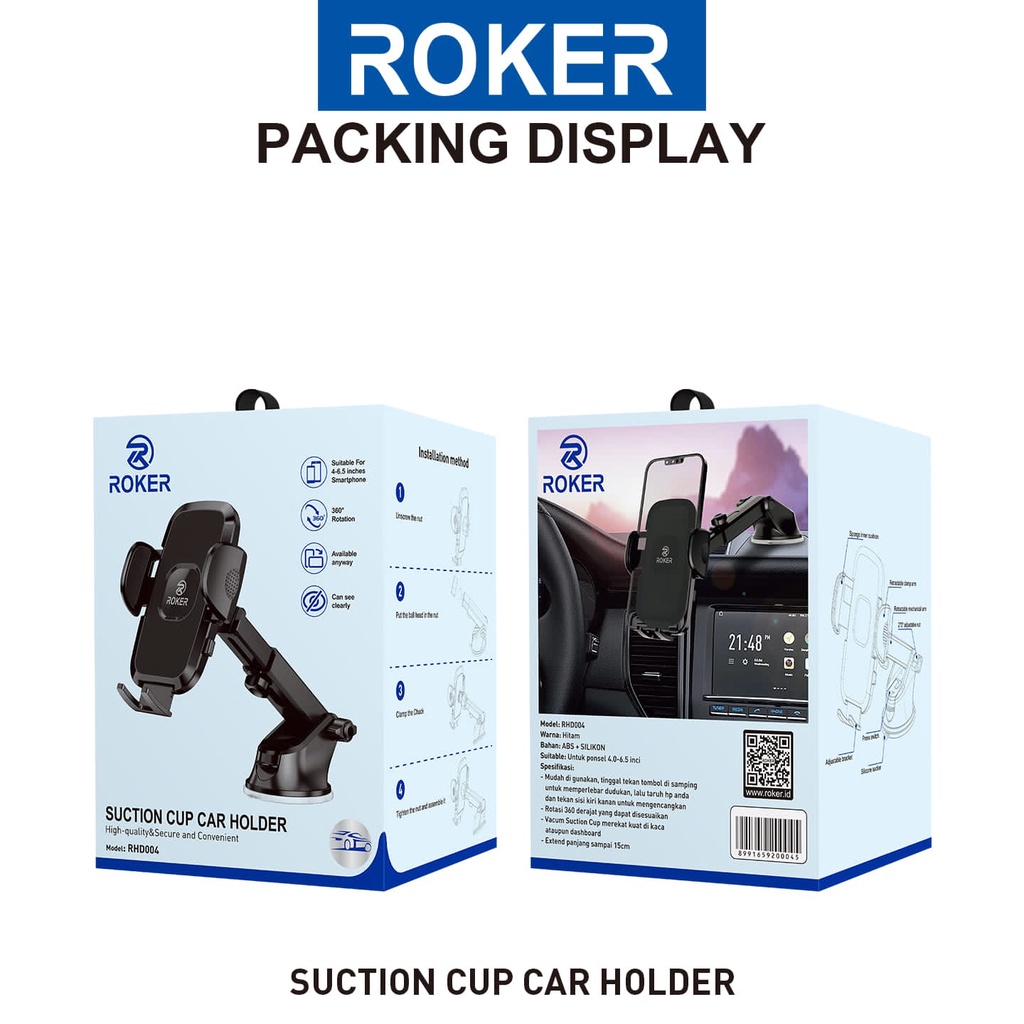 Holder Roker RHD004 suction cup car holder -Mudah di gunakan, tinggal tekan tombol samping untuk memperlebar dudukan, lalu taruh hp anda dan tekan sisi kiri kanan untuk mengencangkan  -Rotasi 360 derajat yang dapat disesuaikan