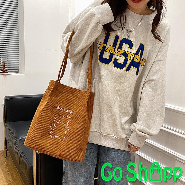 Tas Tote Bag Corduroy Wanita Kuliah Import Fashion Korea Terbaru - Tas Bahu Totebag Aesthetic Kekinian TE08